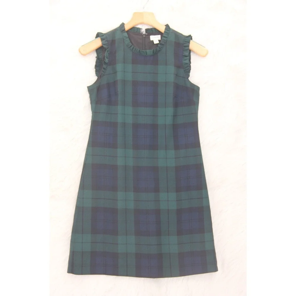 J Crew Tartan Plaid Dress Petite 4P Green Blue Ruffle Old Money Preppy Classic